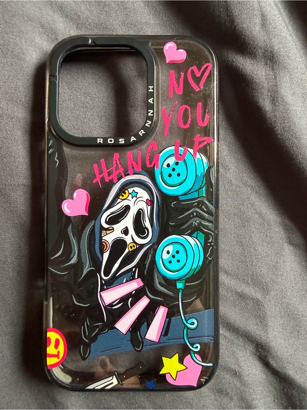 Rosarpinah Black Phone Case with Pink & Teal Graphic Design